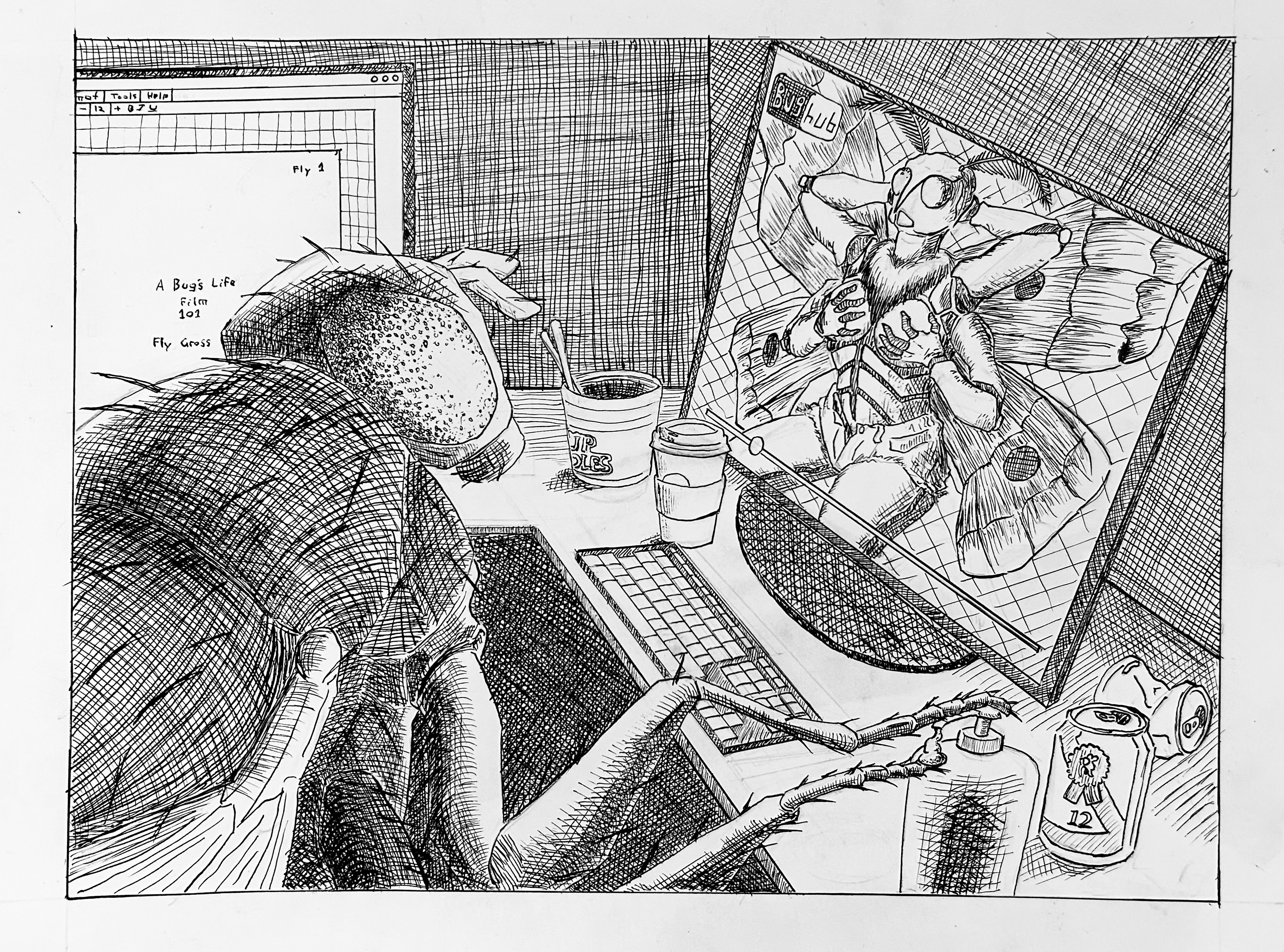 Pen and Ink illustration of a fly in his element.